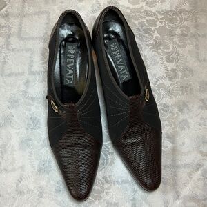 PREVATA Shoes, Alto Karung Calf Chocolate Leather & Fabric Pumps, Size 8 B - EUC